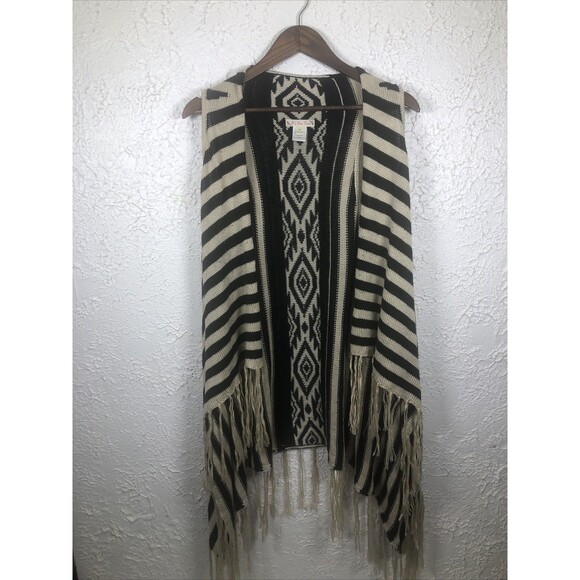 Its Our Time Open Front Vests Womens Size M Black Striped Shingles Western BOHO - Picture 1 of 7